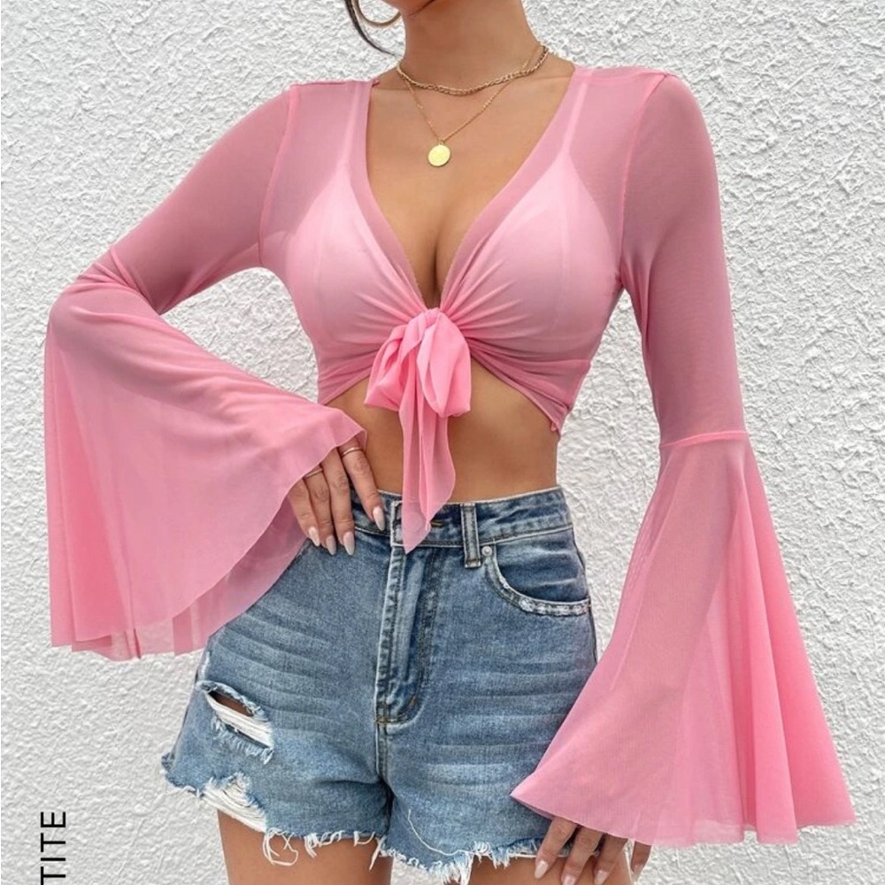 Petite Flounce Sleeve Knot Sheer Crop Top